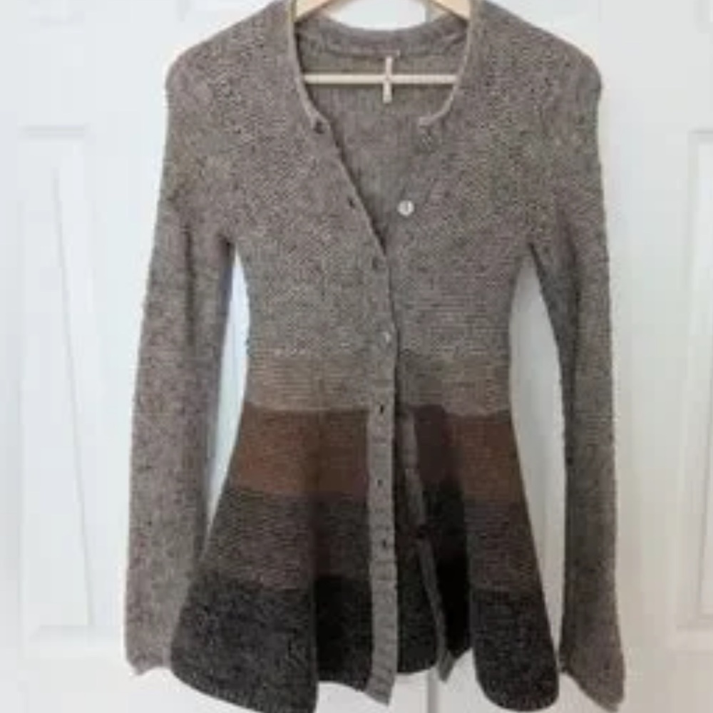 FREE PEOPLE BROWN WOOL ANGORA BLEND COLOR BLOCK STRIPED KNIT CARDIGAN SWEATER L